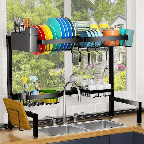 Black Over Sink Adjustable Dish Rack Extendable Metal Large Capacity Space Saving for Most Sinks 24.8-35.4