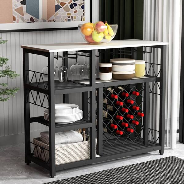 White Kitchen Dining Room Metal Wine Rack Table With Glass Holder Jjlqds The Home Depot