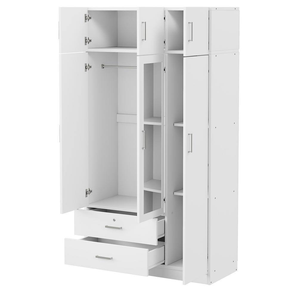 Open white wooden wardrobe showing internal storage compartments.