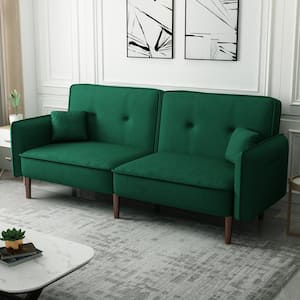 75 in. Green Fabric Upholstered Twin Size Sofa Bed with 2-Pillows 3-Adjustable Modes 2-Pockets 6-Solid Wood Legs