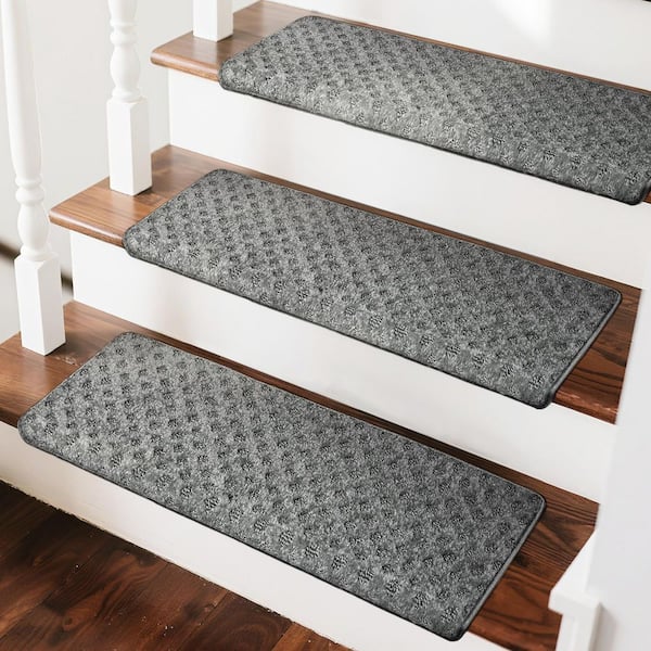 PURE ERA Mini Diamond Gray 9.5 in. x 30 in. x 1.2 in. Bullnose Indoor Non-slip Carpet Stair Tread Cover Tape Free (Set of 14)