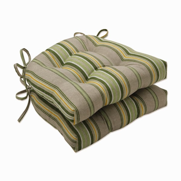Pillow Perfect Striped 17.5 x 17 Outdoor Dining Chair Cushion in Green/Natural/Yellow (Set of 2)