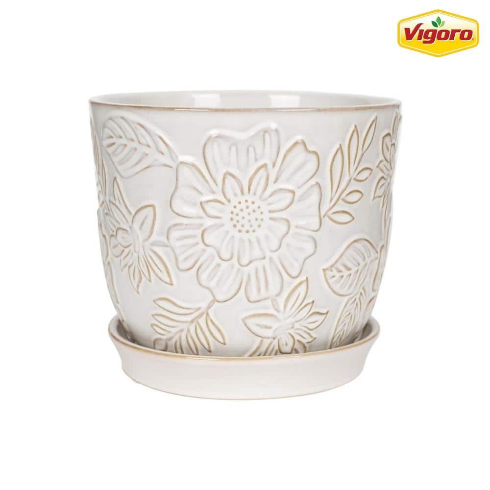 Vigoro 9.3 in. Lorelai Medium White Floral Ceramic Pot (9.3 in. D x 8.1 in.  H) with Drainage Hole and Attached Saucer 527408 - The Home Depot