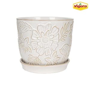 9.3 in. Lorelai Medium White Floral Ceramic Pot (9.3 in. D x 8.1 in. H) with Drainage Hole and Attached Saucer