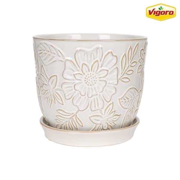Vigoro 9.3 in. Lorelai Medium White Floral Ceramic Pot (9.3 in. D x 8.1 in. H) with Drainage Hole and Attached Saucer