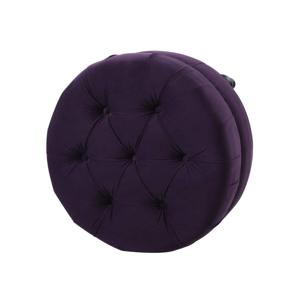 Purple Velvet Tufted Round Ottoman with Nailhead Accents