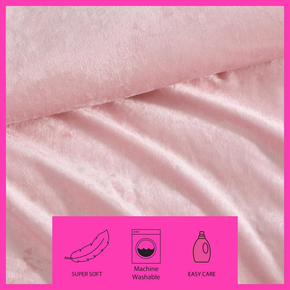Twin Pink Velvet Reversible Comforter Set with Floral Design