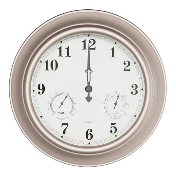 Indoor/Outdoor Brushed Silver 18 in. Wall Clock with Waterproof Thermometer and Hygrometer