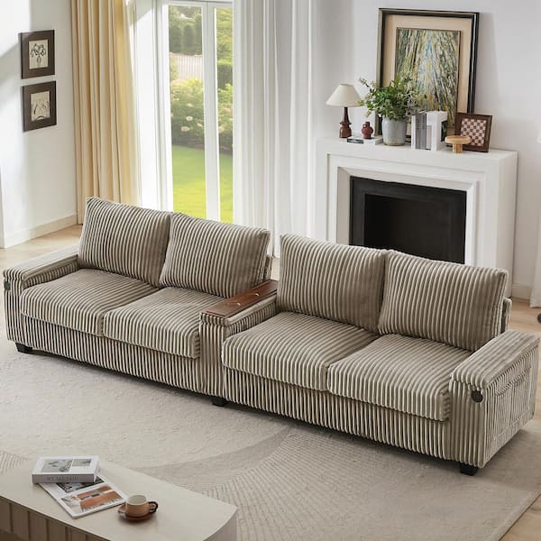 Nestfair 133 in. Square Arms Corduroy Rectangle Sofa in. Brown with USB Ports and Hidden Storage Arms