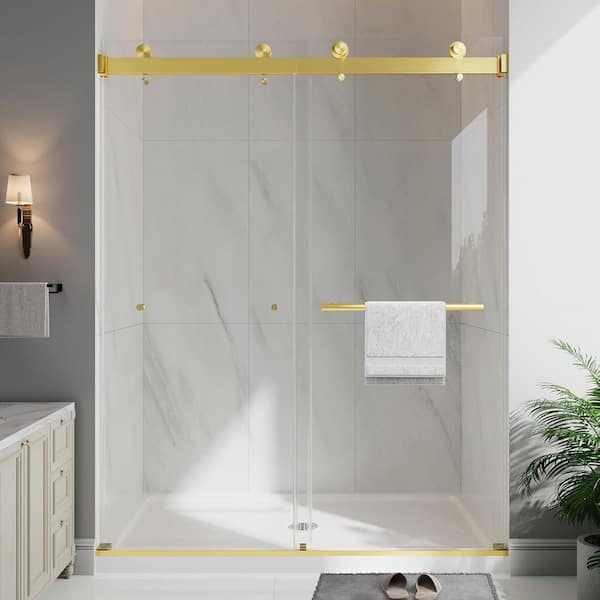 55-60 in. W x 76 in. H Double Sliding Frameless Shower Door in Brushed Gold with Clear Glass