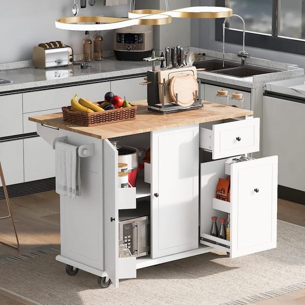 ANTFURN White Kitchen Cart with Drawers;Drop Leaf;Locking Casters;Shelf;Spice Rack;Wheels