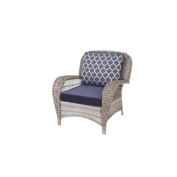 Hampton Bay Beacon Park Gray Wicker Outdoor Patio Stationary Lounge Chair with CushionGuard Midnight Trellis Navy Blue Cushions