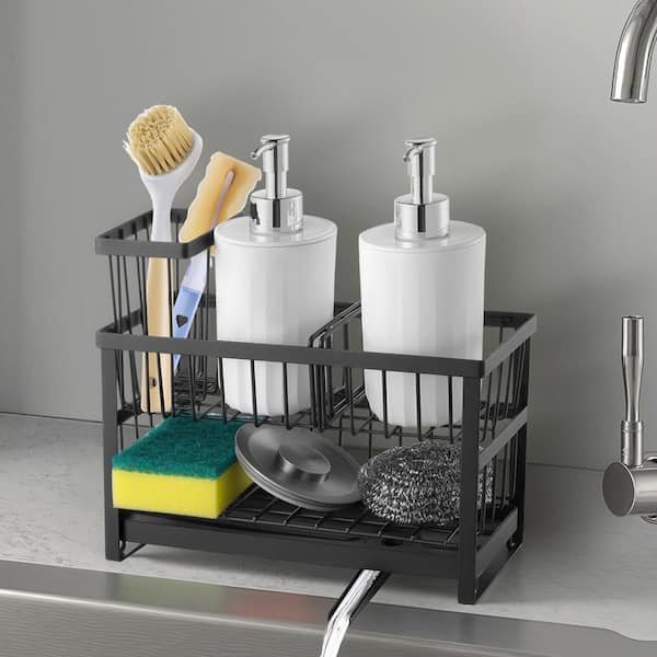 2-Tier Kitchen Sink Caddy Organizer, Sponge and Brush Holder w/ Divider, Rotating Drain Spout, Countertop Storage Rack