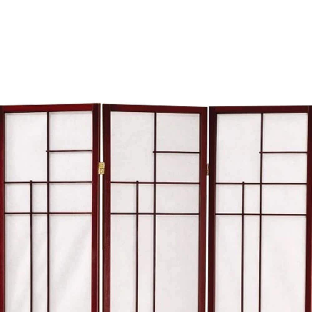 Red Brown 3-Panel Wooden Folding Screen with Intricate Design