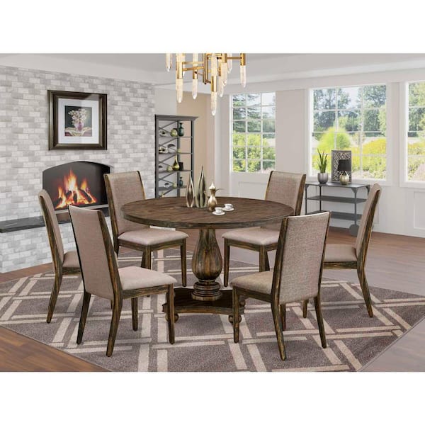 East West Furniture 7-Piece Distressed Jacobean Finish Solid Wood Top Dining Set with 1-table and 6-Upholstered Chairs with Lattice Back