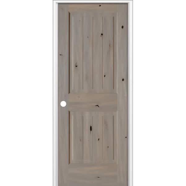 30 in x 80 in Knotty Alder 2-Panel V-Groove Solid Wood Right-Hand BEHR Weathered Gray Stain Single Prehung Interior Door