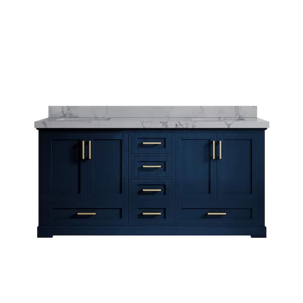 Willow Collections Boston 72 in. W x 22 in. D x 36 in. H Double Sink Bath Vanity in Navy Blue with 2 in. Venatino Quartz Top