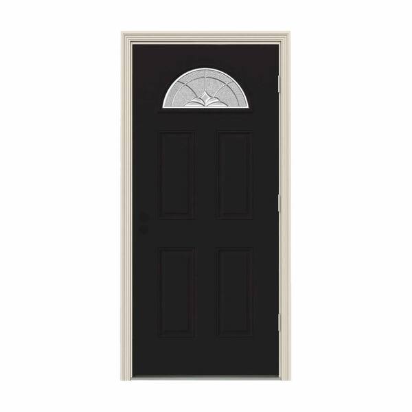 JELD-WEN 34 in. x 80 in. Fan Lite Langford Black Painted Steel Prehung Left-Hand Outswing Front Door w/Brickmould