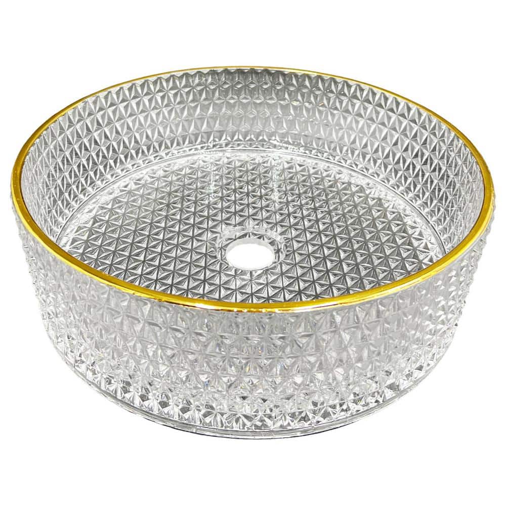 16" Clear and Gold Glass Circular Bathroom Vessel Sink