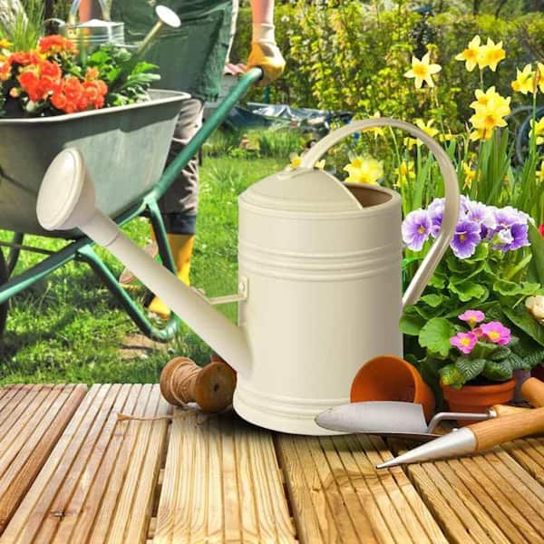 OGETFUUR 0.5 gal. Beige Plastic Watering Can for Indoor House Plants Outdoor Garden Flowers with Sprinkler Head
