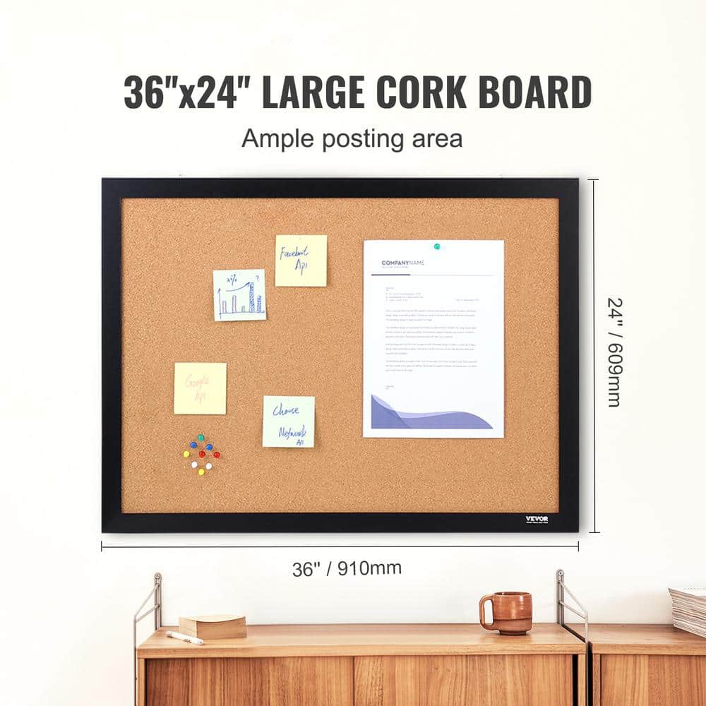 VEVOR 24" x 36" Black Framed Cork Bulletin Board