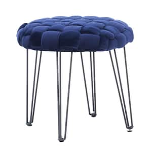 Grace Navy Basketweave Round Ottoman with Black Metal Hairpin Legs