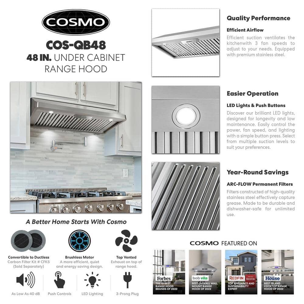 Cosmo 48" Stainless Steel Convertible Under Cabinet Range Hood