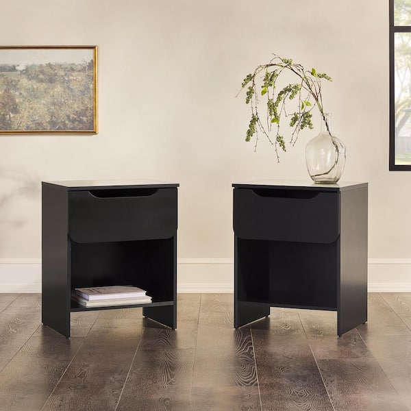 1-Drawer Black Modern Nightstand with Cubby, Set of 2