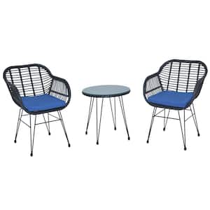 3-Piece Patio Wicker Outdoor Bistro Black Rattan Chair and Glass Table Set with Blue Cushions