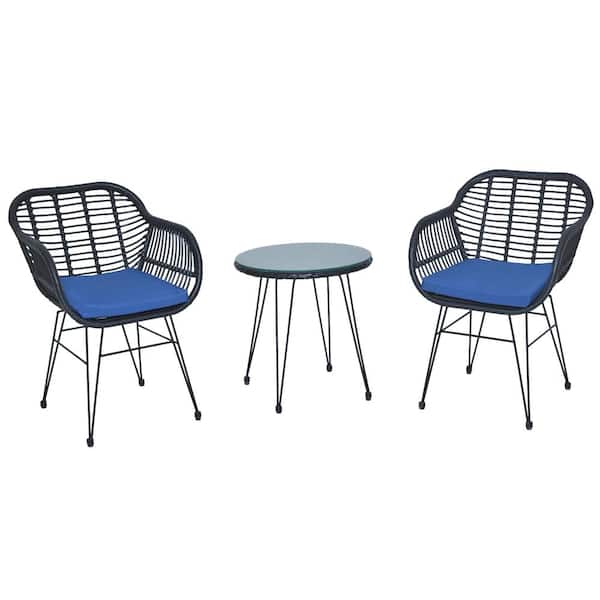 Uixe 3-Piece Patio Wicker Outdoor Bistro Black Rattan Chair and Glass Table Set with Blue Cushions