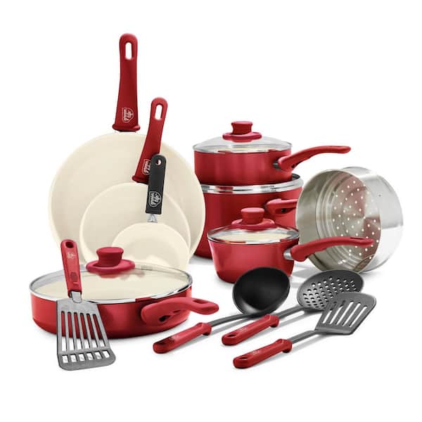 GreenLife Soft Grip 16-Piece Aluminum Healthy Ceramic Nonstick Cookware Set in Red