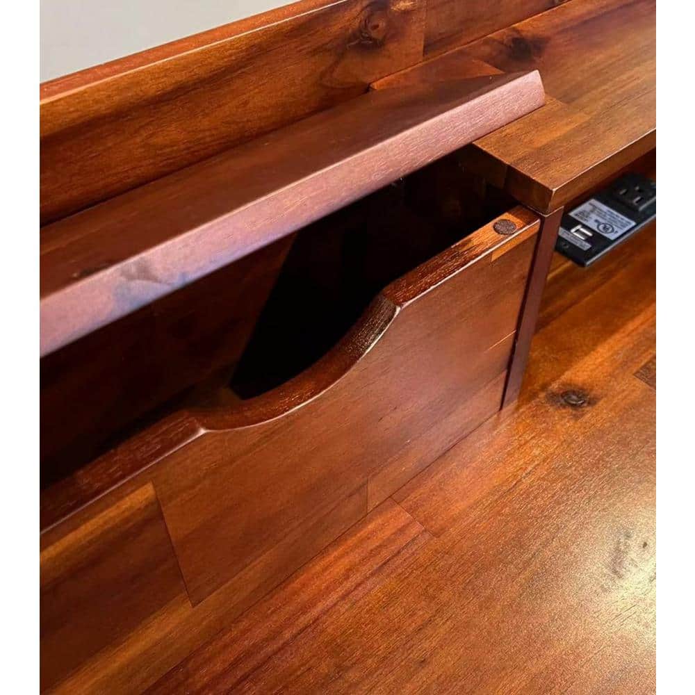Mahogany Acacia Wood Desk with Charging Station and Drawers