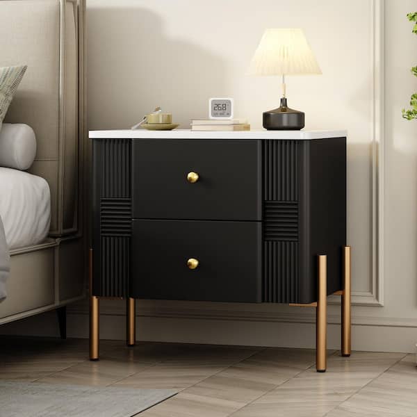 CHRISTOPHER KNIGHT HOME Judd Modern Black 2-Drawers Wood Nightstand with Golden Metal Handles and High Legs