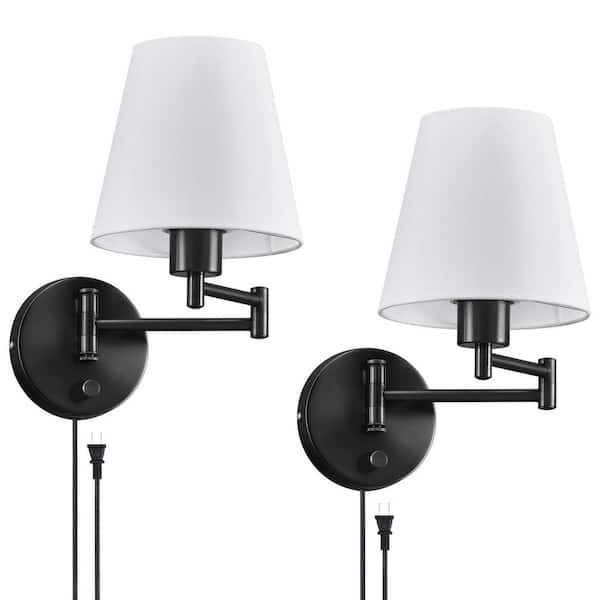 1-Light Black Swing Arm Wall Lamp with White Fabric Shade and 72 in. Cord for Bedroom and Foyer (Set of 2)