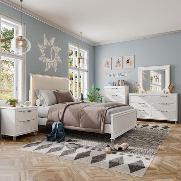 Glosan 6-Piece Pearl White Wood Frame Full Platform Bedroom Set with LED on Headboard and Mirror, Hidden Jewelry Drawers