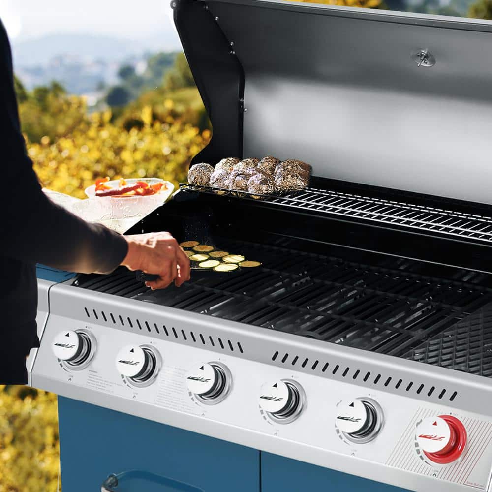 Blue 6-Burner Propane Gas Grill with Side Burner