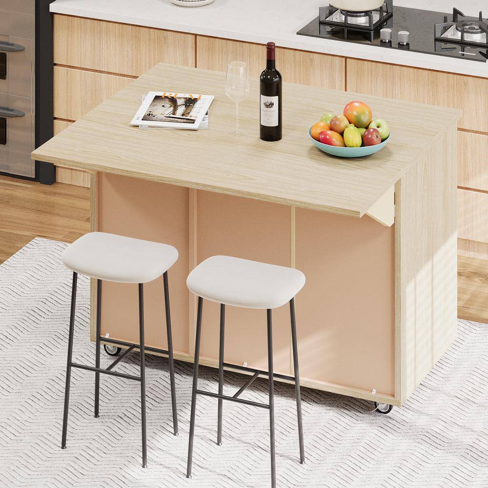 Natural Wood Rectangular Drop Leaf Kitchen Cart with Storage