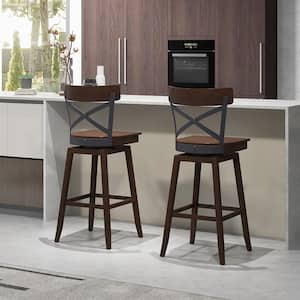 Set of 2 29 in. Brown Wooden Metal Swivel Bar Stools Bar Height Kitchen Chairs w/Back