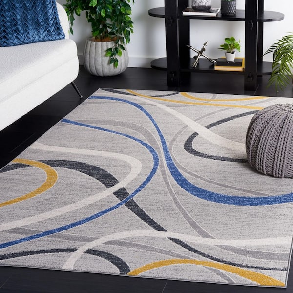 Odyssey 5 ft. x 8 ft. Gray/Blue Gold Abstract Swirls Area Rug