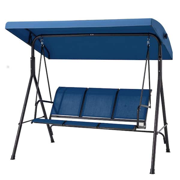 Zeus & Ruta 3-Seat Black Metal Outdoor Patio Swing Chair with Textilene Backrest and 2-Cup Holders, Adjustable Canopy, Blue Cushion