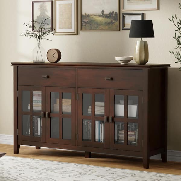 Artisan Solid Wood and Pine 60 in. x 17 in. Rectangle Transitional Large 4-Door Sideboard Buffet in Russet Brown