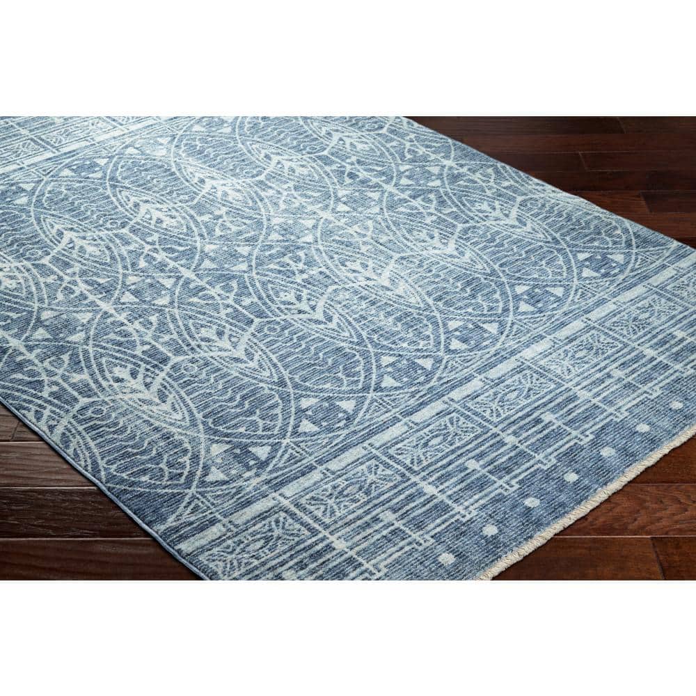 Blue and White Geometric Pattern Rectangular Rug