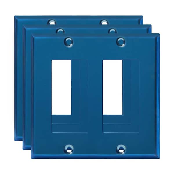 ENERLITES 2-Gang Polished Blue Decorator/Rocker Outlet Metal Wall Plate (3-Pack)