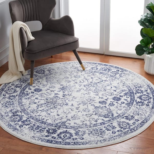 Adirondack Ivory/Navy 4 ft. x 4 ft. Border Distressed Round Area Rug