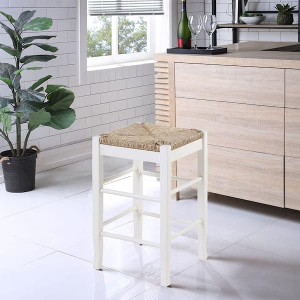 24 in. H Cream and Brown Square Wooden Frame Counter Stool with Hand Woven Rush