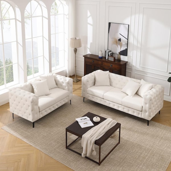 Modern 2-Piece Beige Faux Leather Sofa and Loveseat Living Room Set Couch with Button Tufted Track Arm