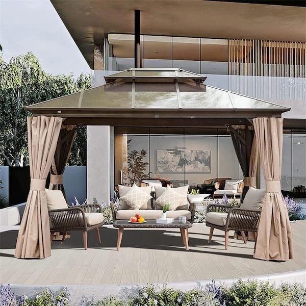 10 ft. x 12 ft. Permanent Outdoor Gazebo with Poly Carbonate Roof,Hooks Curtain and Net (Brown)