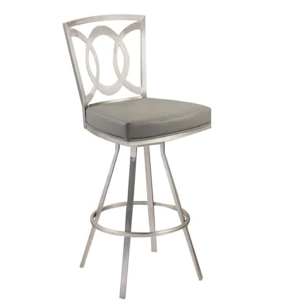 Armen Living Drake 26 in. Gray Faux Leather and Brushed Stainless Steel Finish Transitional Swivel Bar Stool