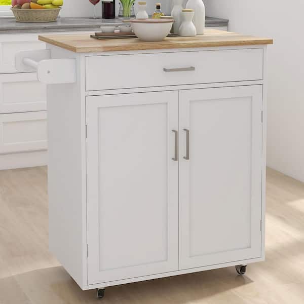 Staykiwi White MDF Kitchen Cart with 2 Door Cabinet, Adjustable Shelves and Towel Rack