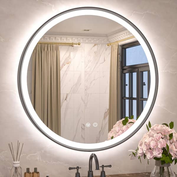 KeonJinn 30 in. W x 30 in. H Round Aluminum Framed LED Light with 3-Color and Anti-Fog Wall Mount Bathroom Vanity Mirror in Black